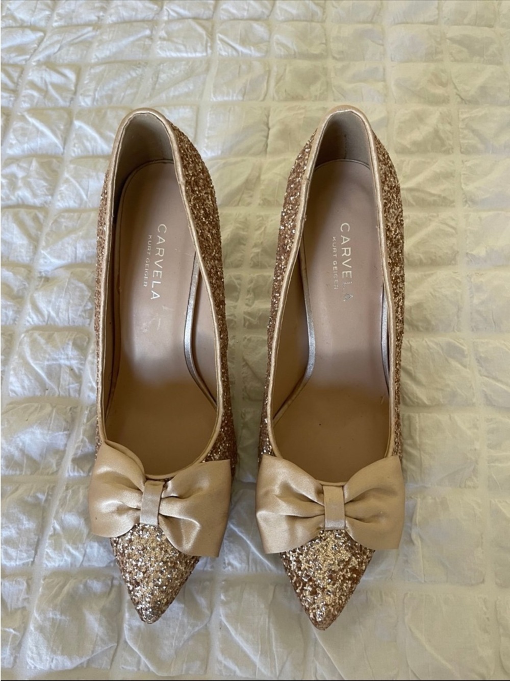Kurt Geiger Carvela Gold Glitter Pointed Flats with Satin Bow